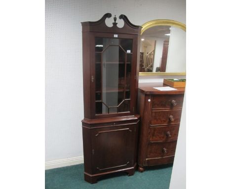 A MAHOGANY CORNER CABINET with astragal glazed door above a panel door on bracket feet 197cm (h) x 66cm (w) x 39cm (d)