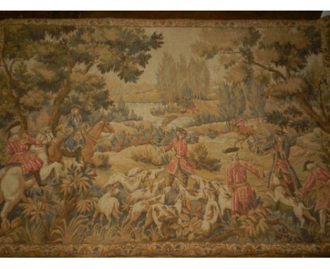 A French tapestry wall hanging, depicting a country hunt. H.92 cm W.138 cm 