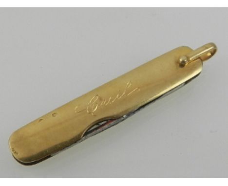 A Sampson Mordan 9ct yellow gold toothpick, a French gold penknife, and two yellow metal tie-pins.