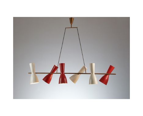 STILNOVO Produzione Italia 1950 ca.Lampada a sospensione, struttura in ottone, sei diffusori luminosi orientabili a cono in m