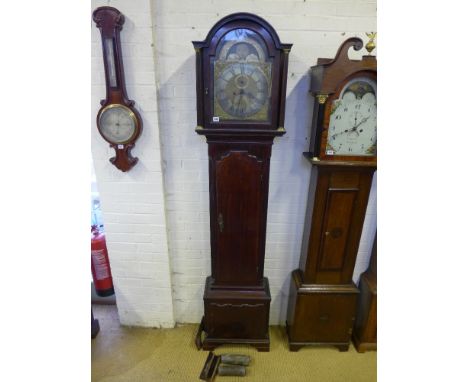 A Welsh mahogany eight day striking longcase clock with a brass 12" moon roller - dial having secondary dial and calendar - s