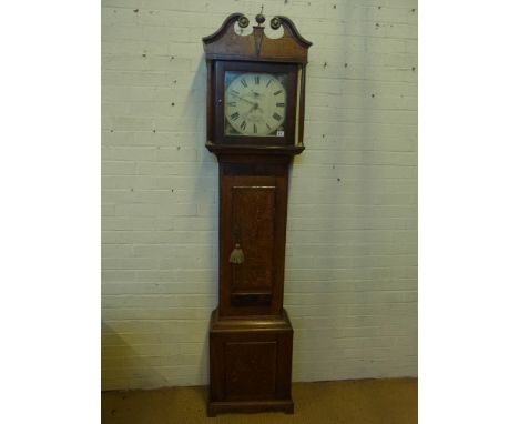 An oak 30 hour striking longcase clock with a painted 12" dial signed John Peck, Wellingboro - 85" tall to finial
Condition r