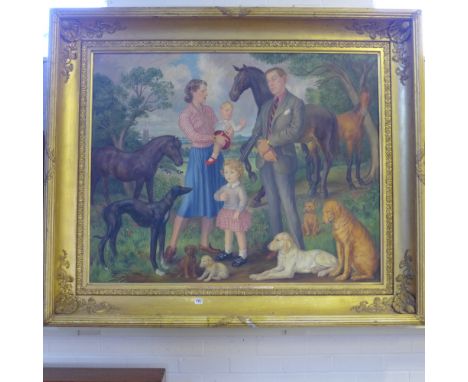 A large oil on canvas portrait painting of Anthony and Patricia Gurney with children of Manor Farm Northrepps by beach 1953/4