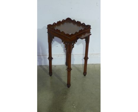 A 19th century mahogany Gothic revival kettle stand with a candle slide - Height  65 cm x 31 cm square