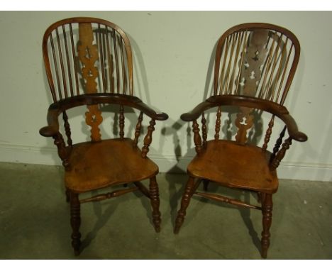 Two 1900's ash, elm and beech stick back Windsor armchairs 