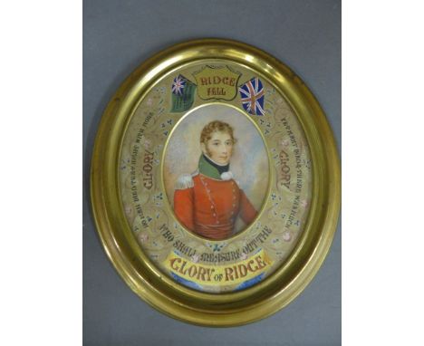 A portrait miniature Major Henry Ridge - 13 cm x 10 cm in a memorial mount and brass frame 28 cm x 24 cm possibly painted by 