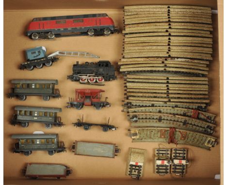 Marklin HO 3-rail Genera Lot - Mix of Locomotives, Wagons, Carriages and sectional track items including lit Buffer Stops. Co