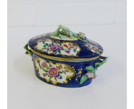 Worcester First Period porcelain butter tub and cover of oval form, the blue scale ground with floral painted and gilt lined 