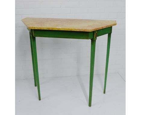 A marble topped console table on green painted wooden supports,  90 x 100cm 