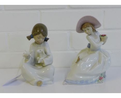 Two Nao Spanish porcelain figures to include 'Girl in a Sun Hat' and another 'Girl feeding a Lamb', (2) 