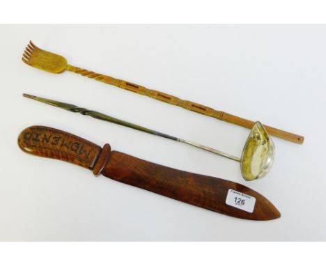 An old Sheffield plate punch ladle with whale bone handle, together with a maple wood page turner inscribed 'Callow Hill' and