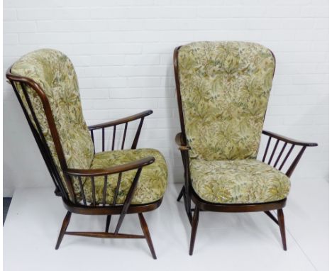 A pair of Ercol dark Elm open arm chairs, 108 x 74cm, (2) 