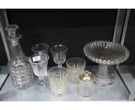 A collection of 19th century and later glass ware to include a decanter and stopper, three wine glasses, two glass tumblers, 