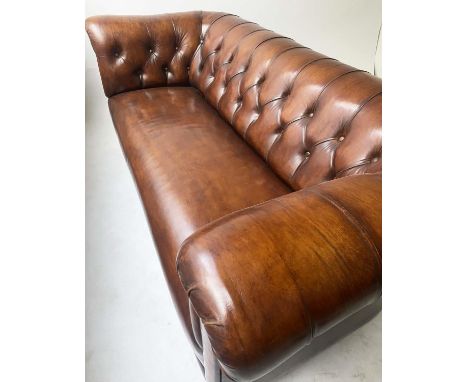 CHESTERFIELD SOFA, 200cm W, buttoned soft tan leather with rounded back and arms. 