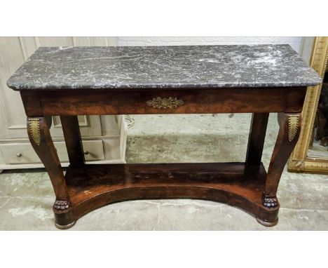 CONSOLE TABLE, 150cm W x 88cm H x 47cm D Charles X mahogany and gilt metal mounted  with a marble top above a single frieze d