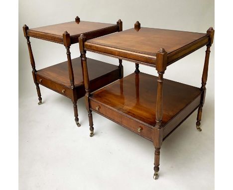 LAMP TABLES, a pair,  46cm x 46cm x 59cm H, George III design, yewwood, each with drawer and undertier. (2) 