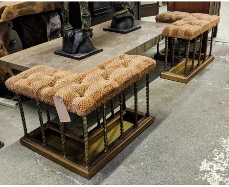 CLUB FENDER, in two separate sections, each 70cm x 60cm x 47cm H, brass, with a buttoned leopard print striped fabric. (2) 