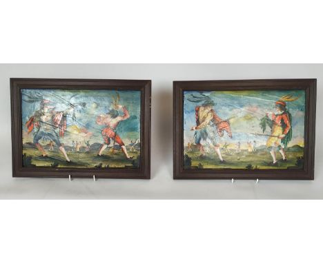 MANNER OF JACQUES CALLOT (1592-1635) 'Commedia Dell'Arte Figural Scenes', circa 1850, handpainted on ceramic, 33cm x 47cm, fr