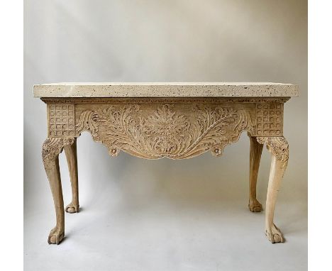 CONSOLE TABLE, 84cm H x 134cm W x 49cm D, George III style, Irish type faded carved mahogany with thick fossil marble top. 