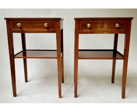 LAMP TABLES, a pair flamed mahogany cross banded each with drawer and undertier, 39cm W x 32cm D x 62cm H. (2) 
