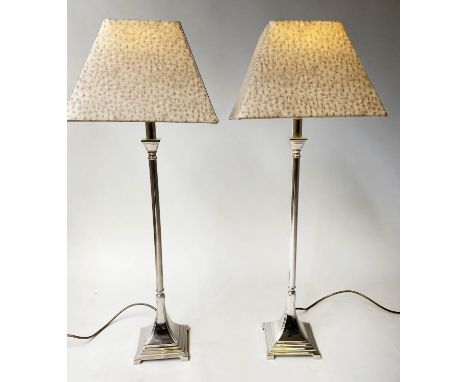 TABLE LAMPS, a pair silvered metal, slender column, square bases and ostrich print shades, 84cm H. (2) 