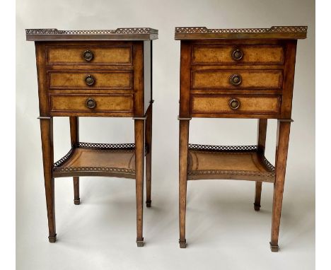 LAMP TABLES BY JONATHAN CHARLES, a pair, 40cm W x 35cm D x 78cm H, French style, tooled leather and walnut, each with gallery