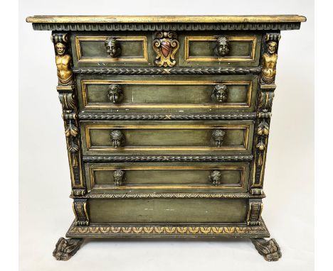 COMMODE, 99cm W x 96cm H x 43cm D early 20th century Italian green painted and gilt heightened with four long drawers and mas