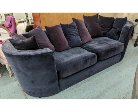 SOFA, 102cm D x 78cm H x 265cm L, blue velvet bears label 'Worshipful Company of Furniture Makers'. 