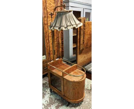 ART DECO COCKTAIL TROLLEY, 74cm W x 159cm H x 39cm D walnut with glazed doors and integral standard lamp with a shade on whee