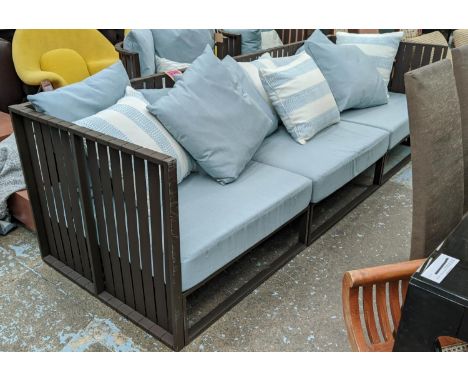 BRAID OUTDOOR METROPOLITAN CORNER SOFA, 188cm W x 188cm D x 80cm H, metal frame with blue cushions. 