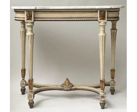 CONSOLE TABLE, 94cm W x 43cm D x 85cm H, 19th French Louise XVI style, cream painted and parcel gilt with fluted stretched su