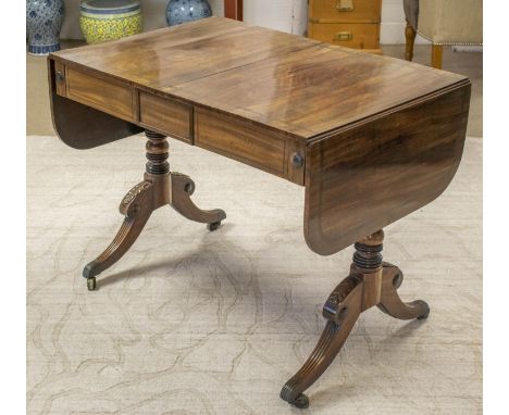 SOFA TABLE, 71cm H x 93cm x 63cm D, 150cm open, Regency mahogany and banded with two drawers and brass castors. 