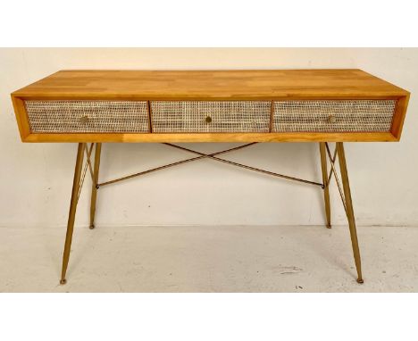CONSOLE TABLE, 76cm H x 120cm W x 38cm D, rattan, drawer front, gilt metal base. 