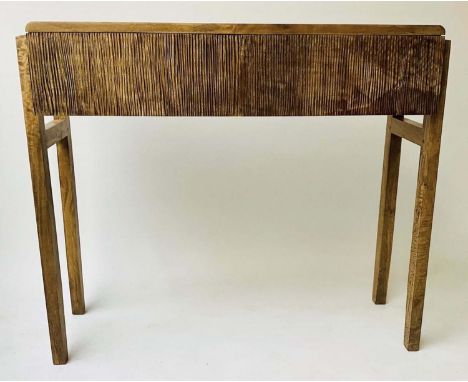 RIPPLE CONSOLE TABLE, 92m x 34cm x 76cm H, vintage look teak, with figured top and two ripple fronted drawers. 