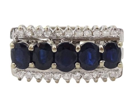 14ct white gold five stone oval sapphire ring with a row of diamonds set either side, stamped 585Condition Report:Approx 7.35