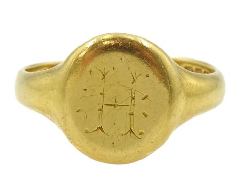 Early 20th century 18ct gold signet ring, the top with engraved initial H, the underside engraved ''from Hilda 23 May 1929', 