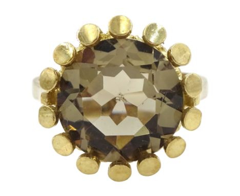 9ct gold single stone round smokey quartz ring, hallmarkedCondition Report:Approx 3.95gm, size N-O, head diameter = 16mm, goo