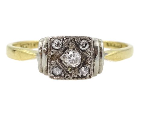 Art Deco 18ct gold and platinum milgrain set old cut diamond rectangular cluster ring, makers mark B.K &amp; T, stamped 18ct 
