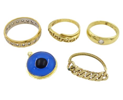 14ct gold mounted Evil Eye pendant, 18ct gold gypsy set single stone diamond ring, 18ct gold stone set full eternity ring and