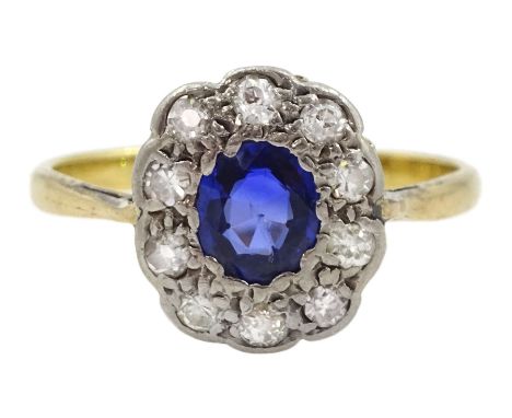 Early 20th century gold and palladium sapphire and diamond cluster ring, stamped 18ctCondition Report:Approx 2.25gm, size O-P