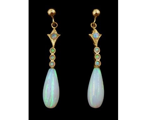 Pair of 9ct gold opal pendant earrings, stamped 375Condition Report:Length = 33mm, good condition 