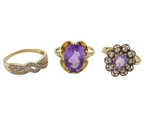 Gold diamond chip cross over ring, gold amethyst and pearl cluster ring and a gold single stone amethyst ring, all hallmarked