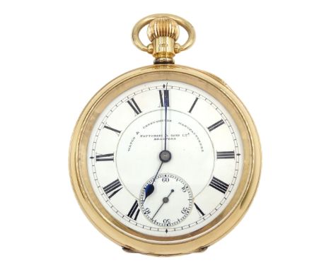 Early 20th century 9ct gold open face keyless lever pocket watch by American Watch Company, No. 18470404, white enamel dial w