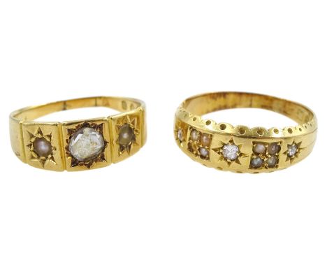 Victorian 18ct gold diamond and split seed pearl ring, Birmingham 1892 and an 18ct gold foiled back rose cut diamond and spli