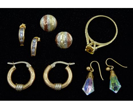 9cct gold citrine and diamond ring, pair of 9ct rose gold hoop earrings and three other pairs of 9ct gold earringsCondition R