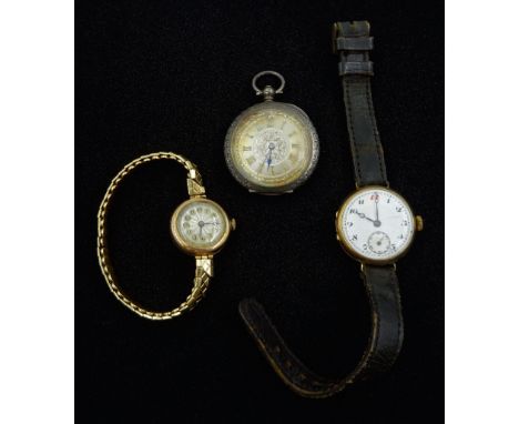 Early 20th century 9ct gold gentleman's manual wind wristwatch, London import marks 1927, on leather strap, 9ct gold ladies w