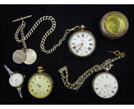 Edwardian silver fusee lever pocket watch by Bravingtons, case by William Ehrhardt, Birmingham 1912, on silver Albert chain, 