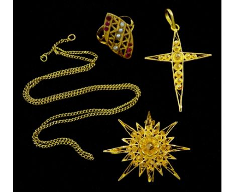 Middle Eastern gold jewellery including star brooch, cross pendant and stone set ring and an 18ct gold necklace chain Conditi