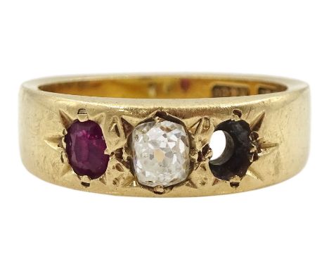 Early 20th century 9ct gold gypsy set ruby and diamond ringCondition Report:Approx 5.4gm, size L, missing one stone, band dep