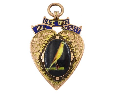 9ct rose gold and enamel 'Hull Cage Bird Society', heart shaped medallion pendant, presented to J.W. Towse winner of the novi